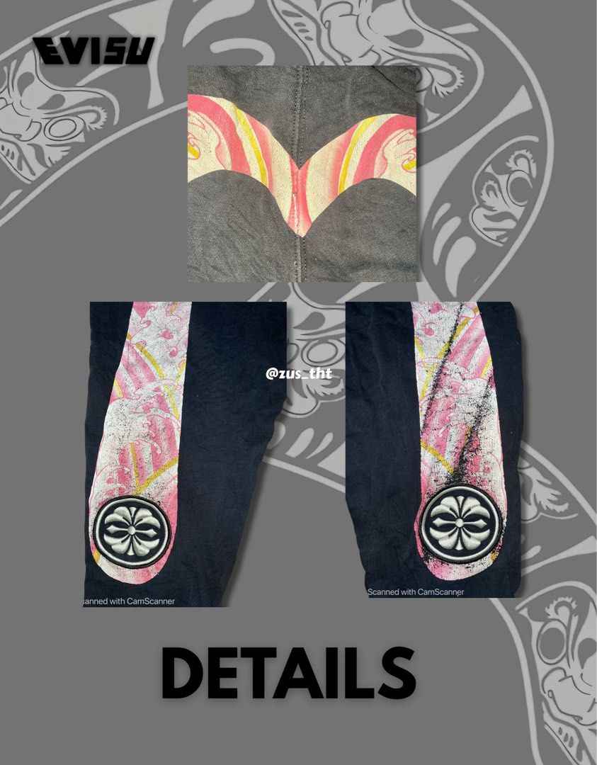 EVISU Custom Made Sweatpants (Category: Joggers) located in Makati City. Submitted by zus_tht (Listing ID 1445400773, Image 3). Description: - Complete Tags - Color: Black - Features: Iconic Evisu logo graphic on legs, drawstring waist for comfortable fit - Style: Great for casual wear - Size: Small (S) on Tag - Condition: Please check photos for detailed condition. Need wash.