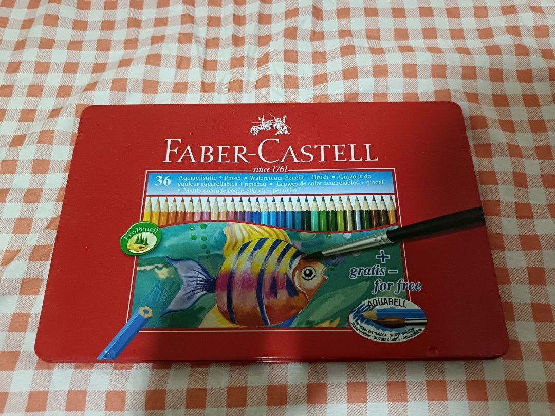 Faber-Castell 36 Watercolour Pencils Tin (Category: Craft Supplies & Tools) located in Silang. Submitted by capjn04877 (Listing ID 1445401417, Image 1). Description: - Set of 36 Faber-Castell watercolour pencils - Comes in a decorative red tin - Includes a free brush - Ideal for artists and hobbyists - Great for all your art projects.