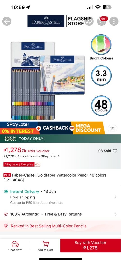 Faber-Castell Goldfaber Watercolor Pencils - 48 Colors (Category: Stationery & School Supplies) located in Manila. Submitted by mikayla_srd (Listing ID 1445355569, Image 3). Description: - Set of 48 Faber-Castell Goldfaber Watercolor Pencils - Vibrant, water-soluble colors for watercolor effects - Ideal for artists and hobbyists - High-quality, made in Germany - Comes in a durable tin case for storage and portability.