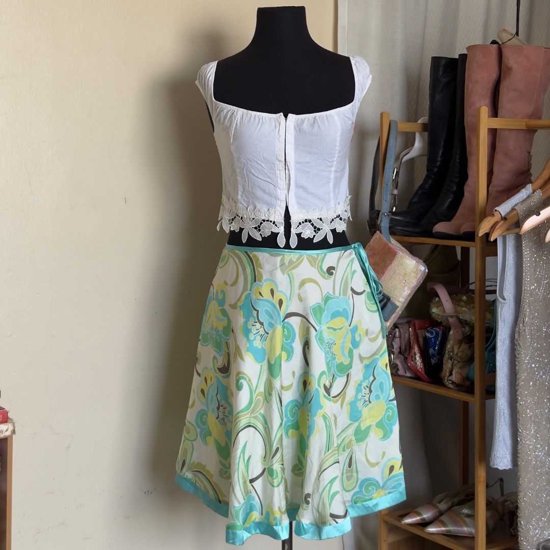 Floral Satin Skirt (Category: Skirts) located in Cebu City. Submitted by marikit_thrift (Listing ID 1445340043, Image 3). Description: fave! -very pretty irl -flowy fabric -zips at the side with tie -w-26" , l - 19" .