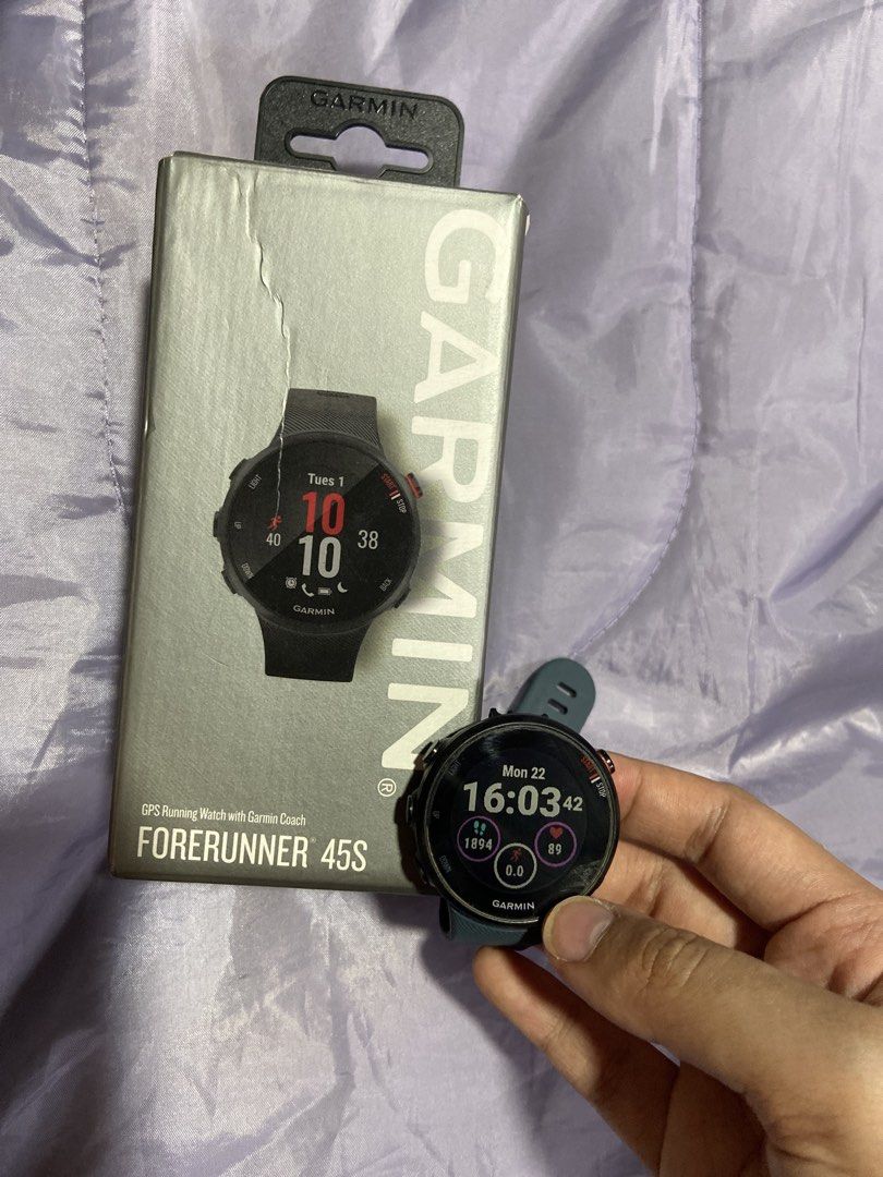 NEGOTIABLE Original Garmin Forerunner 45S GPS Running Watch (Category: Wearables & Smart Watches) located in Manila. Submitted by kimjongin (Listing ID 1445307258, Image 1). Description: - AS IS WHERE IS. NO TO SENSITIVE BUYER - AUTHENTIC - Garmin Forerunner 45S GPS running watch - Comes with original box - Ideal for tracking runs and daily activity - Displays time, date, and fitness metrics - Ready for a new owner - Works well & charges to full 