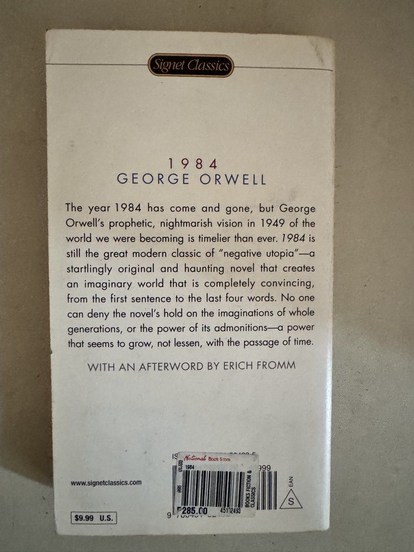 George Orwell 1984 (Category: Storybooks) located in Quezon City. Submitted by harristhegoldenboy (Listing ID 1445236307, Image 2). Description: - Title: George Orwell 1984 - Edition: Signet Classics - Genre: Dystopian Fiction - Condition: Used, with visible signs of age on pages and cover, adding to its vintage charm. - Features: Thought-provoking narrative, a must-have for classic literature enthusiasts. RFS Decluttering. Negotiable.