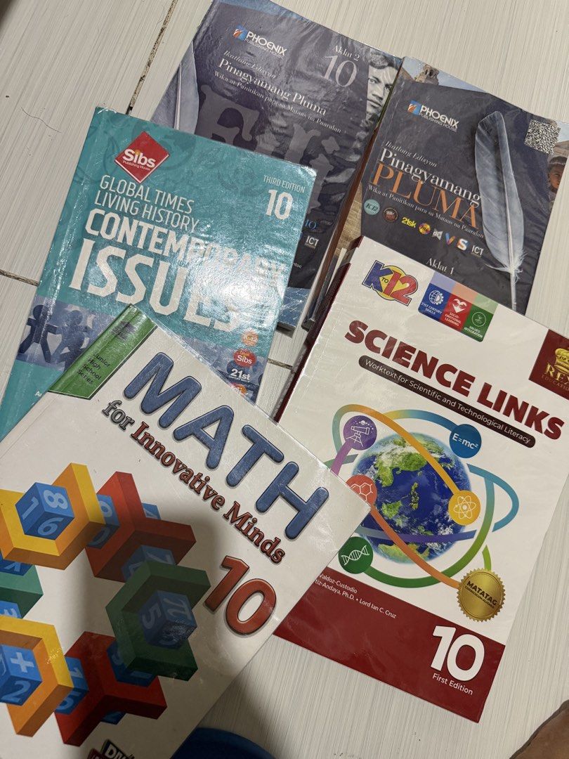 Grade 10 Textbooks: Math, History, Filipino (Category: Textbooks) located in Pasig City. Submitted by jynburn (Listing ID 1445279628, Image 1). Description: - Grade 10 Textbook Bundle - K-12 Curriculum Compliant - Includes: Math for Innovative Minds, Global Times Living History Contemporary Issues, Pinagyamang Pluma and Pinagyamang pluma (Phoenix Publishing) 300-400 price range each .