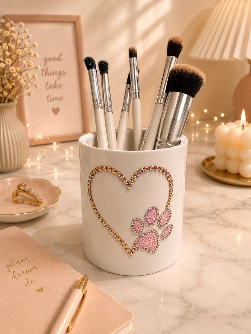 Hand-Decorated Makeup Brush Holder - Various Designs (Category: Makeup) located in Manila. Submitted by elegancemnl (Listing ID 1445398361, Image 3). Description: - Unique pen holder - White cylindrical container - Perfect for pens, pencils, stationery and make up brushes - Adds a touch of personality to your desk - approximately 4 inchs height “Stay classy, sassy, and sparkly.”.