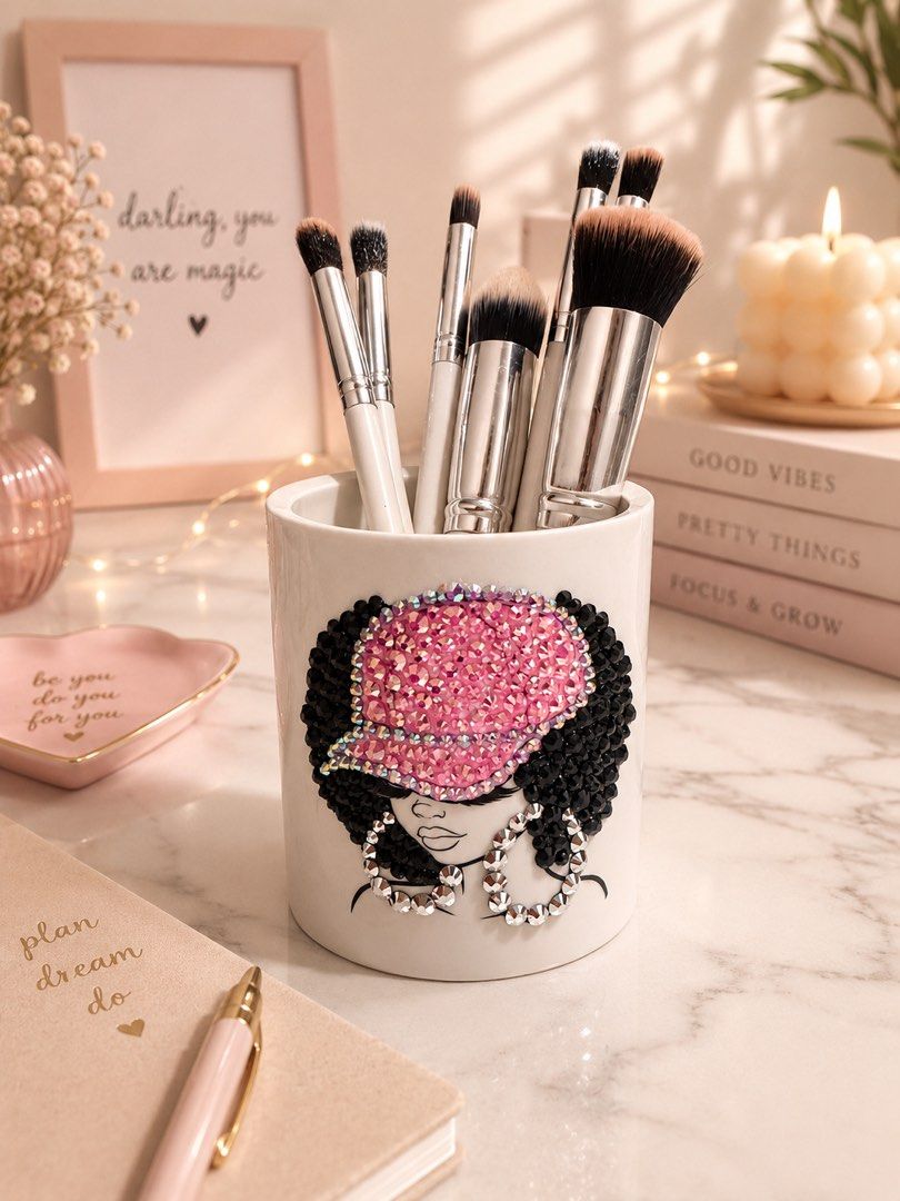 Hand-Decorated Makeup Brush Holder - Various Designs (Category: Makeup) located in Manila. Submitted by elegancemnl (Listing ID 1445398361, Image 2). Description: - Unique pen holder - White cylindrical container - Perfect for pens, pencils, stationery and make up brushes - Adds a touch of personality to your desk - approximately 4 inchs height “Stay classy, sassy, and sparkly.”.