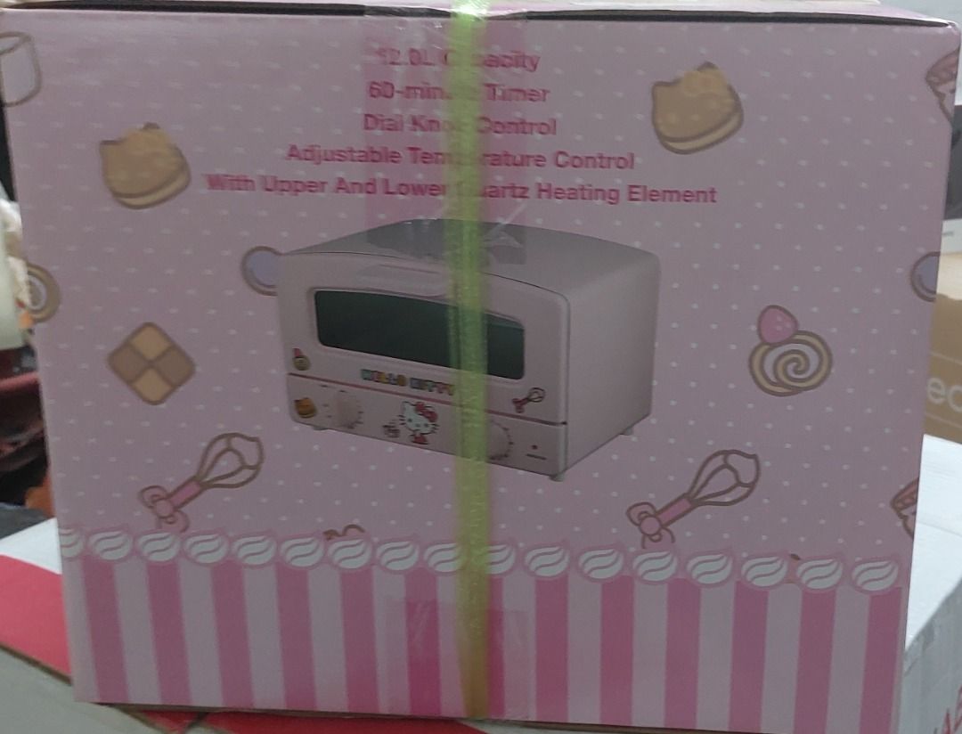 HELLO KITTY OVEN TOASTER (Category: Ovens & Toasters) located in Caloocan City. Submitted by charlie232a66 (Listing ID 1445245955, Image 2). Description: 12L capacity 1000 Watts Manual knobs Quartz heating element 60 minute timer Painted body Adjustable temperature knob control 90-230 degree Celsius Accessories: Aluminum Pan, Grill Rack, Crumb Tray.