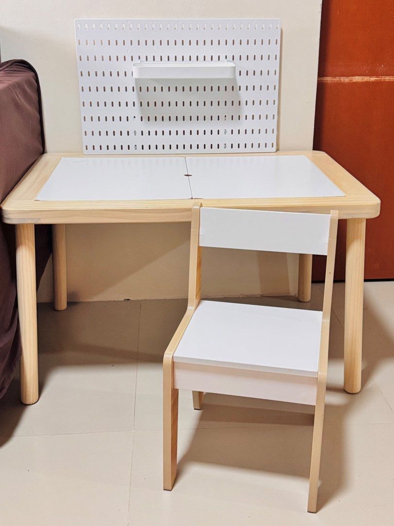 Ikea Flisat Table with 3 trays, accessories & chair (Category: Kids Tables & Chairs) located in Tagaytay City. Submitted by charityyy_ (Listing ID 1445416749, Image 1). Description: IKEA FLISAT TABLE - with pegboard - 3 trays - 1 chair Can dismantle :).