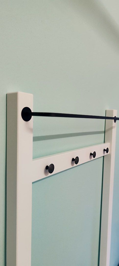 IKEA HEMNES Storage Hooks Bench Towel Rail 4 Hooks White 64x37x173 cm Entry Hall Hat Coat Hanger (Category: Shelves, Cabinets & Racks) located in Puchong. Submitted by bverr.com (Listing ID 1445248128, Image 3). Description: - White hall tree bench with storage - The lid has soft-closing hinges, which prevents the risk of getting your fingers caught when closing it. - Top bar and four hooks for coats/bags - Ideal for entryway organization - Simpl