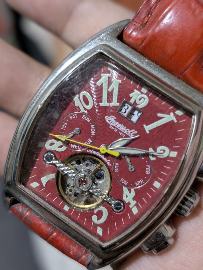 Ingersoll Automatic Limited Edition Watch Red Dial (Category: Men's Watches) located in Cebu City. Submitted by cathysitems (Listing ID 1445380400, Image 3). Description: - Ingersoll Automatic Watch - Striking Red Dial - Day, Date, and Month Complications - Open Heart Design (See the Movement!) - Stainless Steel Case - Red Leather Strap - Limited Edition - Water Resistant 3ATM.