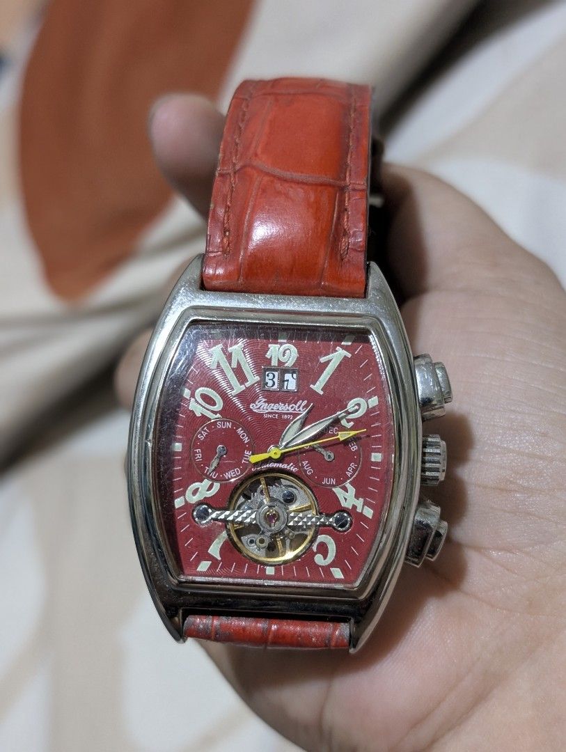 Ingersoll Automatic Limited Edition Watch Red Dial (Category: Men's Watches) located in Cebu City. Submitted by cathysitems (Listing ID 1445380400, Image 1). Description: - Ingersoll Automatic Watch - Striking Red Dial - Day, Date, and Month Complications - Open Heart Design (See the Movement!) - Stainless Steel Case - Red Leather Strap - Limited Edition - Water Resistant 3ATM.
