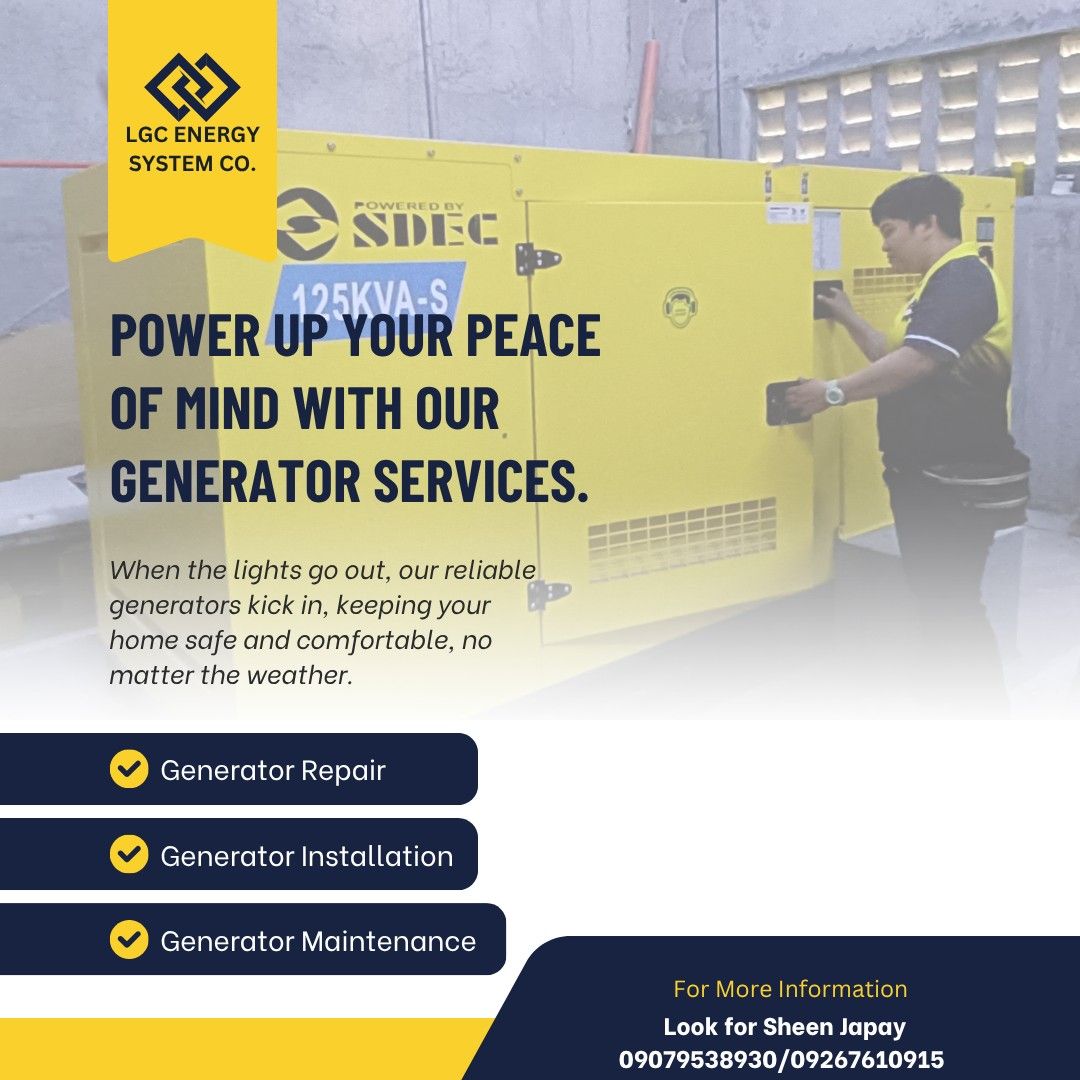 LGC Energy System Generator Repair, Installation & Maintenance (Category: Construction Tools & Equipment) located in Manila. Submitted by powergenset47148 (Listing ID 1445282394, Image 1). Description: - Reliable generator repair, installation, and maintenance services. - Ensure your home stays safe and comfortable during power outages. - We provide peace of mind by keeping you powered. - Contact Sheen Japay for inquiries..