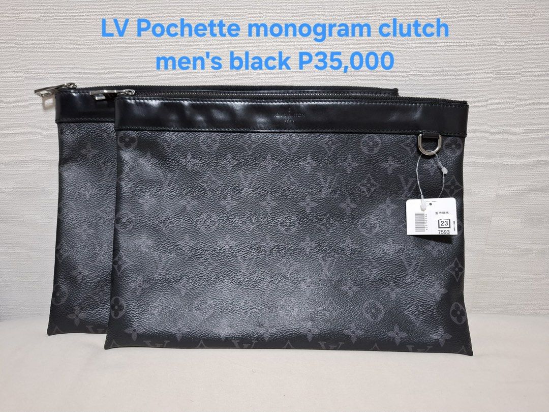 LV Pochette Monogram Clutch Men's Black (Category: Luxury Bags & Wallets) located in San Juan City. Submitted by bitznera69262 (Listing ID 1445408798, Image 1). Description: - Authentic Louis Vuitton Pochette clutch - Classic black monogram pattern - Versatile for everyday use or travel - Features a D-ring for attaching a strap - Php35,000 each - negotiable.