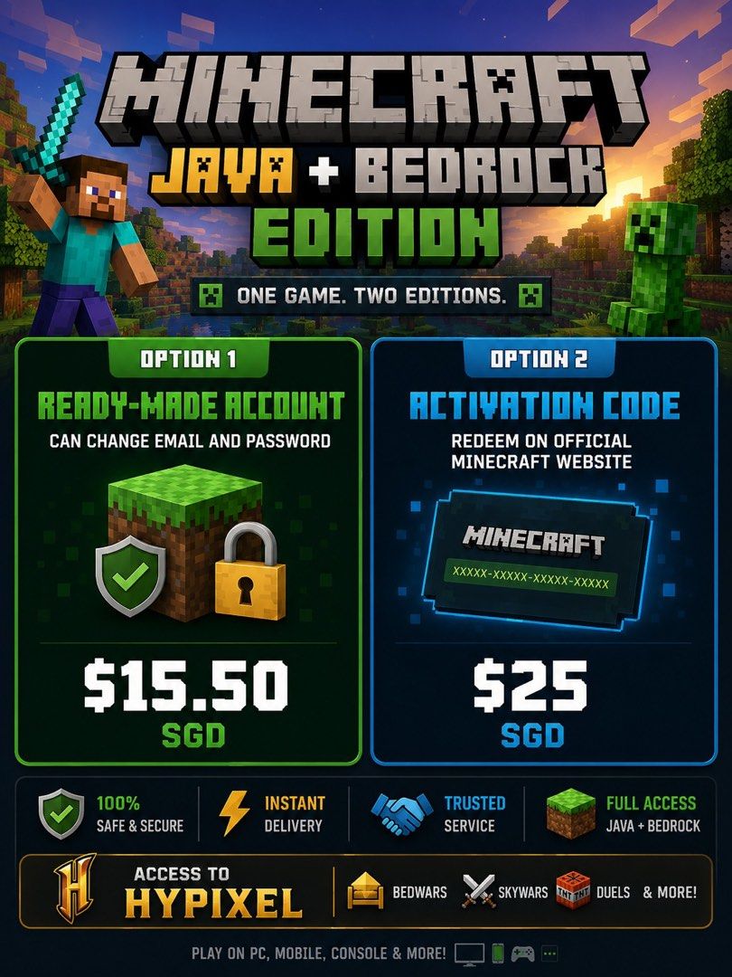 Minecraft Java + Bedrock Edition (Category: Game Gift Cards & Accounts) located in Singapore. Submitted by luxez (Listing ID 1445367173, Image 1). Description: Option 1: Ready-made accounts ($15.50) Can change email and password Option 2: Activation code ($27) Activation it on the official minecraft website on your own account Both option able to access hypixel.