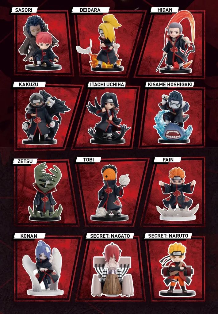 ONHAND! POPMART - Naruto Akatsuki Blind Box Figures (Category: Designer & Blind Box Toys) located in Quezon City. Submitted by blackswangdeals (Listing ID 1445316982, Image 2). Description: - Authentic Pop Mart Naruto Akatsuki blind box figures - Full Set of 10 Sealed box - On hand - Blind box each is PHP700 - Approximately 80-100mm tall - Includes original boxes for each figure - Features popular Akatsuki members like Pain and Itachi - Ideal add