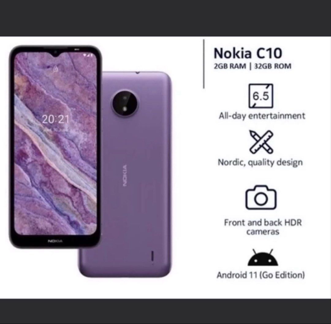 NOKIA C10 DUAL SIM QUADCORE ANDROID SMARTPHONE, PURPLE-OPEN LINE (Category: Android Others) located in Quezon City. Submitted by carsenmktg (Listing ID 1445259887, Image 2). Description: NOKIA C10 DUAL SIM QUADCORE ANDROID SMARTPHONE, PURPLE-OPEN LINE Guaranteed authentic. like new in box with complete accessories. was only tested to be used supposedly for an office phone but never used. all accessories and box included. SPECIFICATIONS: INBOX/PAC