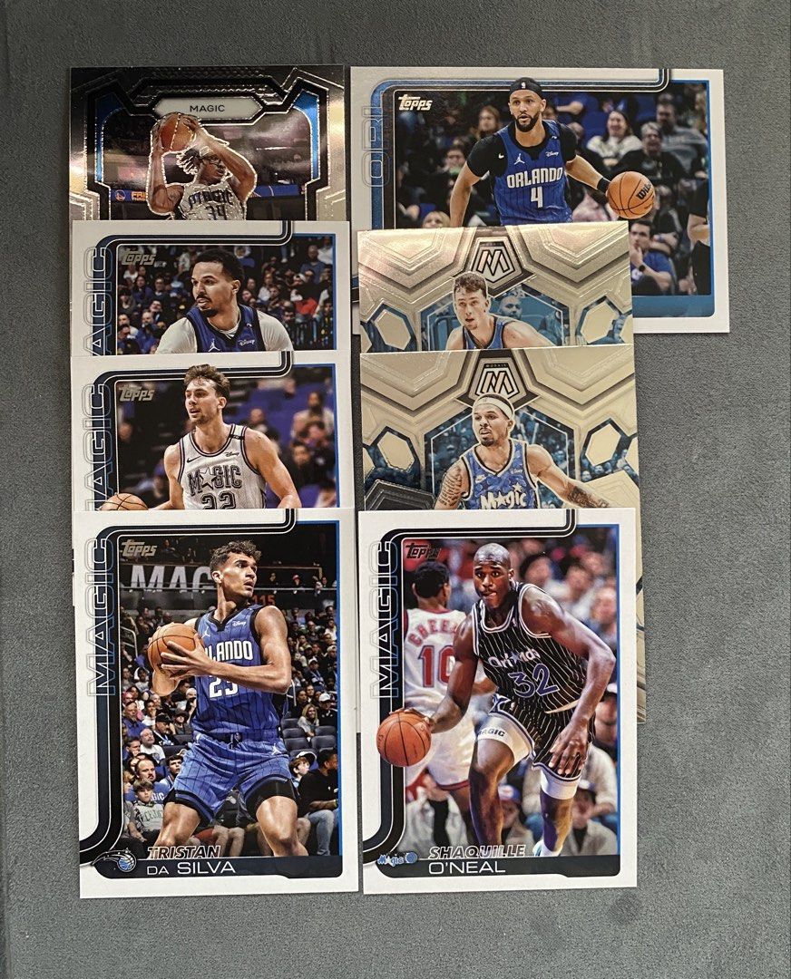 Random Orlando Magic Basketball Cards Lot (Category: Raw Singles) located in Batangas. Submitted by hobbysyo (Listing ID 1445319374, Image 1). Description: - Collection of Orlando Magic basketball cards - Features players like Shaquille O'Neal and Tristan Da Silva - Includes cards from Topps and Mosaic sets - Ideal for Orlando Magic fans and basketball card collectors - Please check photos for specific card details Mop Gcash or Bpi Addl sf .
