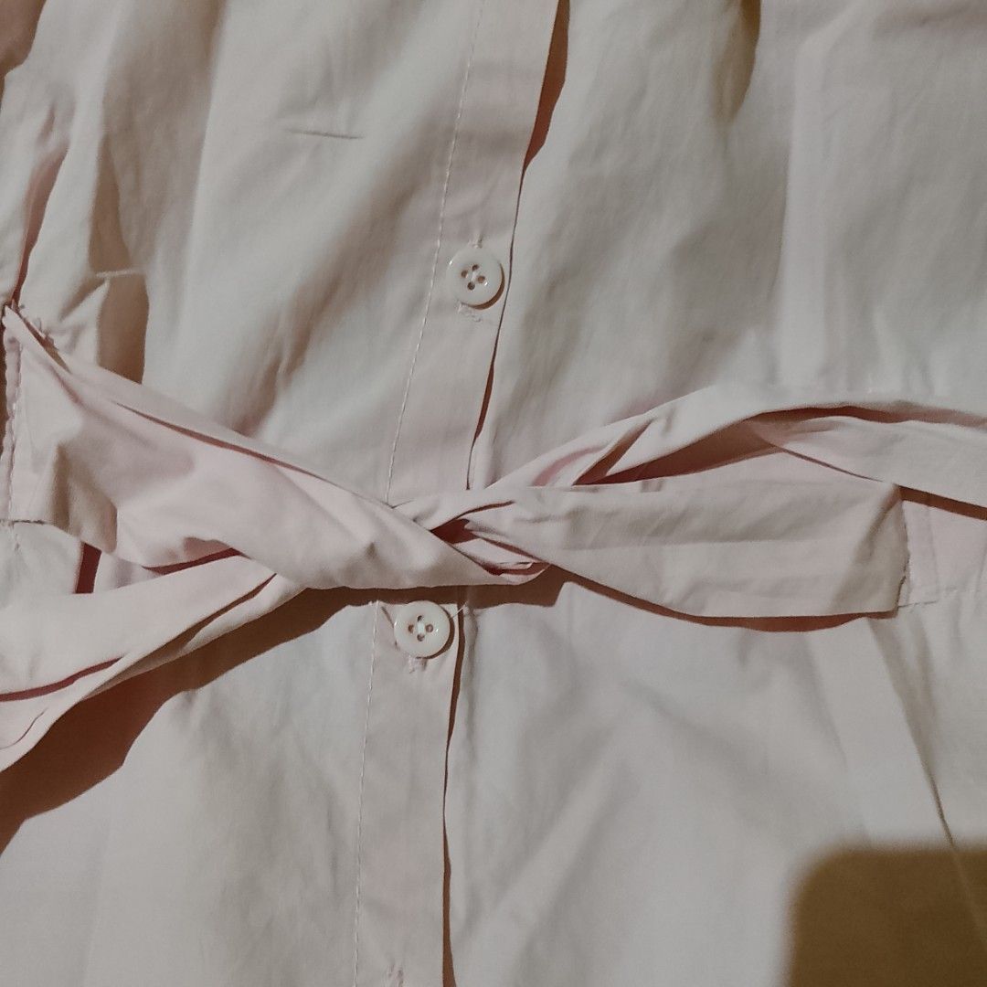 Pastel Pink Button-Down Blouse with Waist Tie (Category: Blouses) located in Santa Rosa. Submitted by prlvdbyellie (Listing ID 1445238315, Image 3). Description: With minor flaws: small stains and oen missing button.