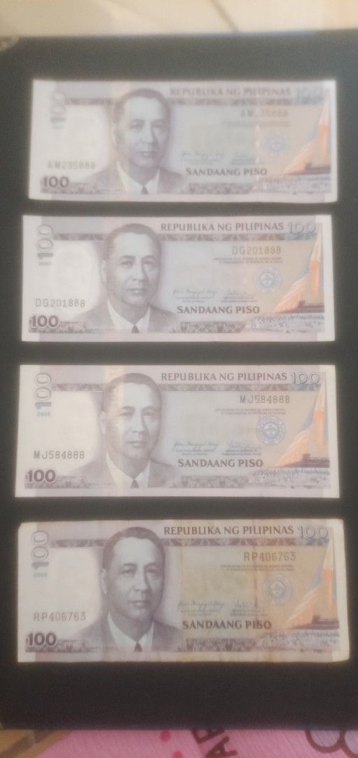 Philippine 100 and 50 Pesos Banknotes (Category: Currency) located in Caloocan City. Submitted by teamgoodbuys (Listing ID 1445294119, Image 1). Description: - Three (3) 100 Philippine Peso banknotes with special numbers 888 - Two (2) 50 Philippine Peso banknotes with 888 ending - All from the Republic of the Philippines - Ideal for collectors or as unique souvenirs - Own a piece of Philippine currency today!.
