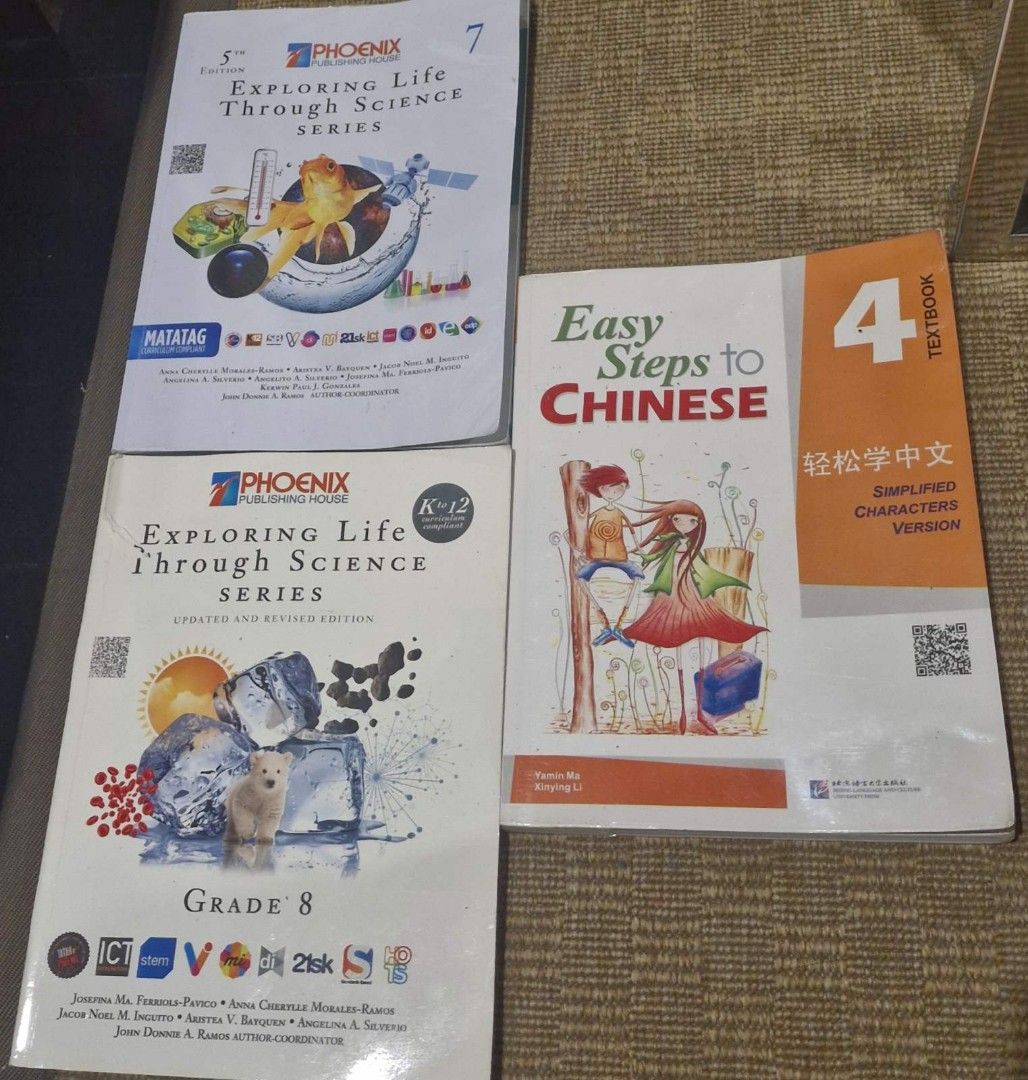 Phoenix Exploring Life Through Science & Easy Steps to Chinese Books (Category: Textbooks) located in Quezon City. Submitted by declutter1990 (Listing ID 1445237010, Image 1). Description: - Exploring Life Through Science Series: Grade 8 Textbook - Exploring Life Through Science Series: Grade 7 Textbook - Easy Steps to Chinese: Textbook 4 - Ideal for students' academic needs. 350 each.