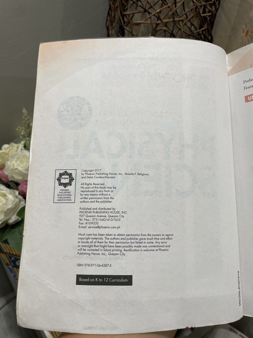Physical Science K to 12 Curriculum Compliant Textbook (Category: Textbooks) located in Antipolo. Submitted by eferdzx (Listing ID 1445349919, Image 3). Description: Desc: - K to 12 Physical Science Textbook - Publisher: Phoenix Publishing House - Authors: Teresita F. Religioso & Delia Cordero-Navaza - Ideal for Senior High School Students Condition: - Heavily used — with annotations — with highlights — with dents MOP: Gcash.