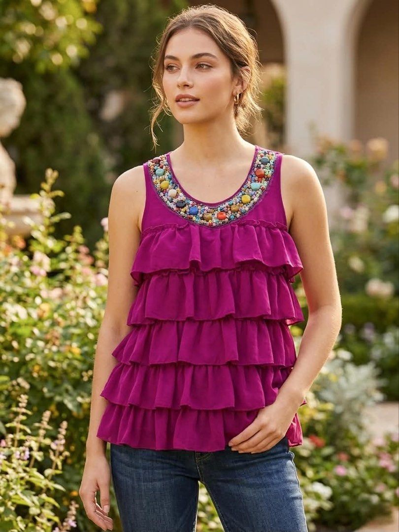 Purple Ruffled Tank Top with Beaded Neckline (Category: Sleeveless) located in Malinao. Submitted by mishmash2026 (Listing ID 1445374663, Image 1). Description: - Adorable purple tank top - Features charming ruffles all over - 16inches x 23.5inches - Neckline adorned with colorful beads - Sleeveless design for comfort - Versatile for casual day or night out - Easily pairs with jeans or skirts.