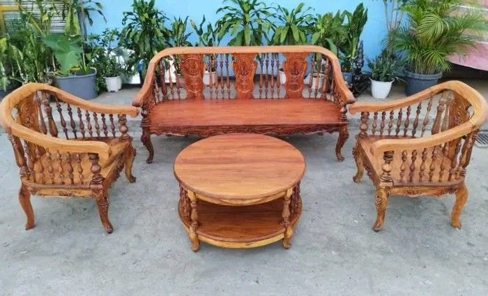 Sala set (Category: Sofas) located in Manila. Submitted by carmelites36250 (Listing ID 1445341085, Image 1). Description: Sala Set made of Solid Narra Wood. Restored and revarnished. Ready to use Price-23,450.✔✔✔ Size 🎯 3 Seater L65 x W22 x SH15 x H34 Single Seater L25 x W22 x SH15 x H34 Center Table D31 x H18. all in inches #forsale#narrafurniture #furniturestore.
