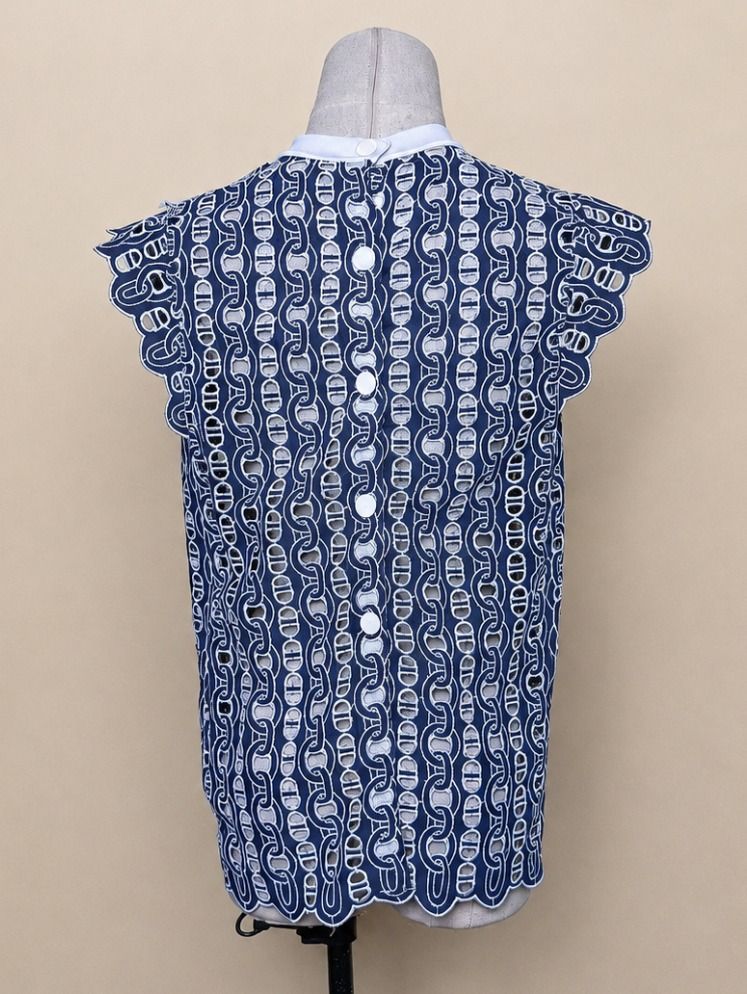 Sandro Inspired Navy White Chain-Link Pattern Guipure Lace Blouse (Category: Blouses) located in Quezon City. Submitted by qratedmnl (Listing ID 1445417691, Image 3). Description: 📌 ITEM DESCRIPTION Sandro inspired top featuring a navy and white chain-link patterned guipure lace with a contrast white rib-knit neckline. Flutter cap sleeves. Button-front back. Size 2 on tag. Approximate measurements when laid flat: Shoulder: 12 inches Bust: 18 inc