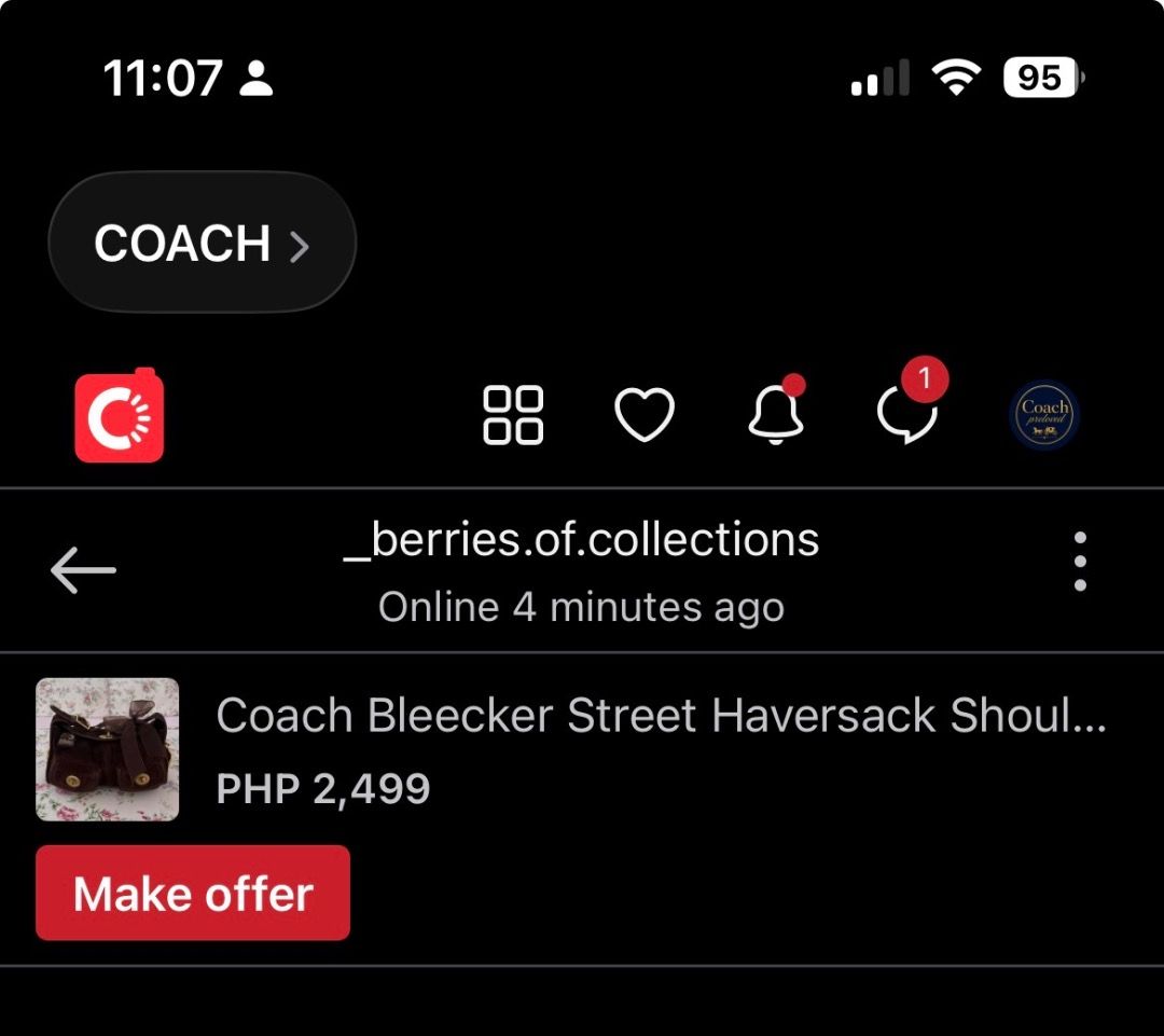 SCAMMER ALERT: Coach Bleecker Street Haversack (Category: Luxury Bags & Wallets) located in Taguig. Submitted by chu2600 (Listing ID 1445385065, Image 2). Description: BEWARE!!! Scammer is using photos from another person’s Instagram account to dupe buyers..