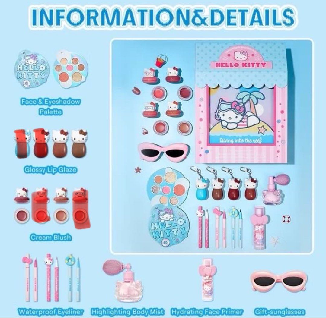 SHEGLAM Hello Kitty Full Collection Makeup Set (Category: Makeup) located in Cavite. Submitted by leiluvsu (Listing ID 1445380956, Image 2). Description: - Adorable Kitty makeup collection - Includes: Eyeshadow palettes, lip gloss, cream blush, eyeliner, body mist, primer - Bonus gift: Sunglasses - All items are brand new and in the original box ꒰ WTS LFB ꒱ :¨ ·.· ¨: `· . bnew sheglam into the sea make up set 🪷 can be sold as a set and tingi 🪷 
