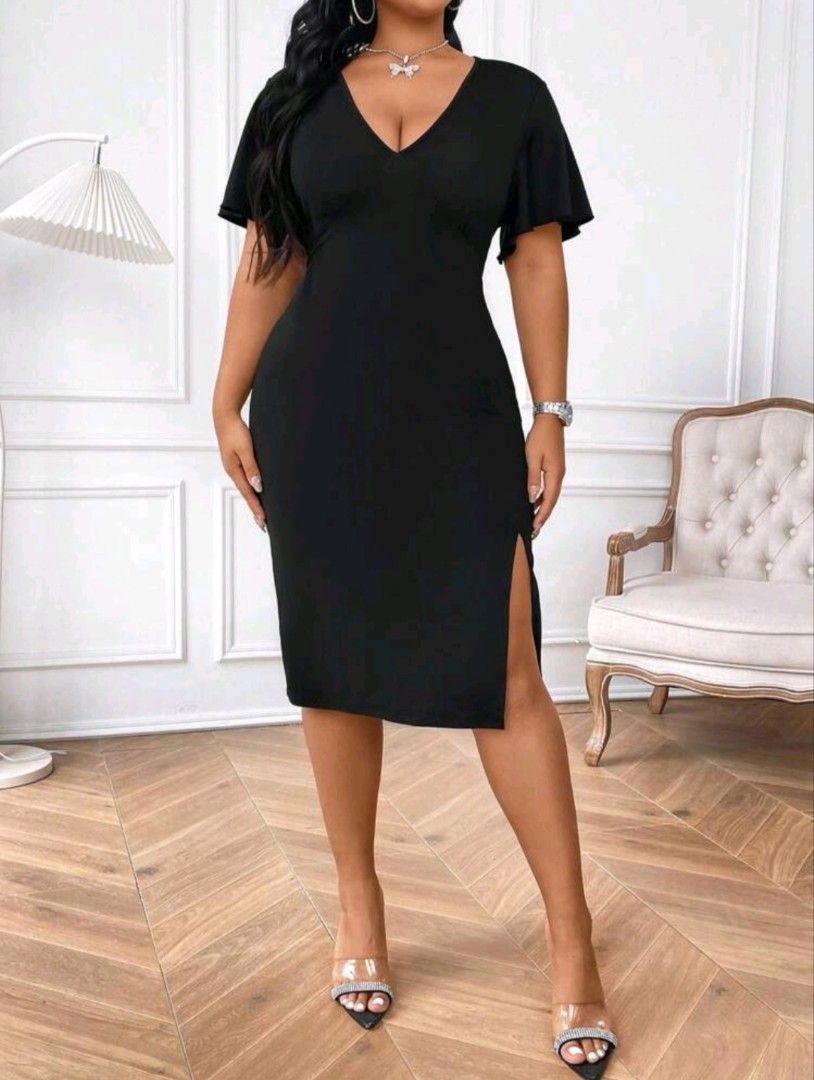 SHEIN Black Bodycon Dress (Category: Dresses) located in Rizal. Submitted by lifegoeson88 (Listing ID 1445248292, Image 3). Description: For Sale: SHEIN Solid Black Bodycon Dress • Condition: Pre-loved, worn only once during graduation — looks brand new, no damage, clean • Size: Fits L to XL / Curvy frame • Features: Deep V-neck, ruffle short sleeves, side slit, stretchy soft material • Great for semi-formal occasions, parties, dinner, office, or
