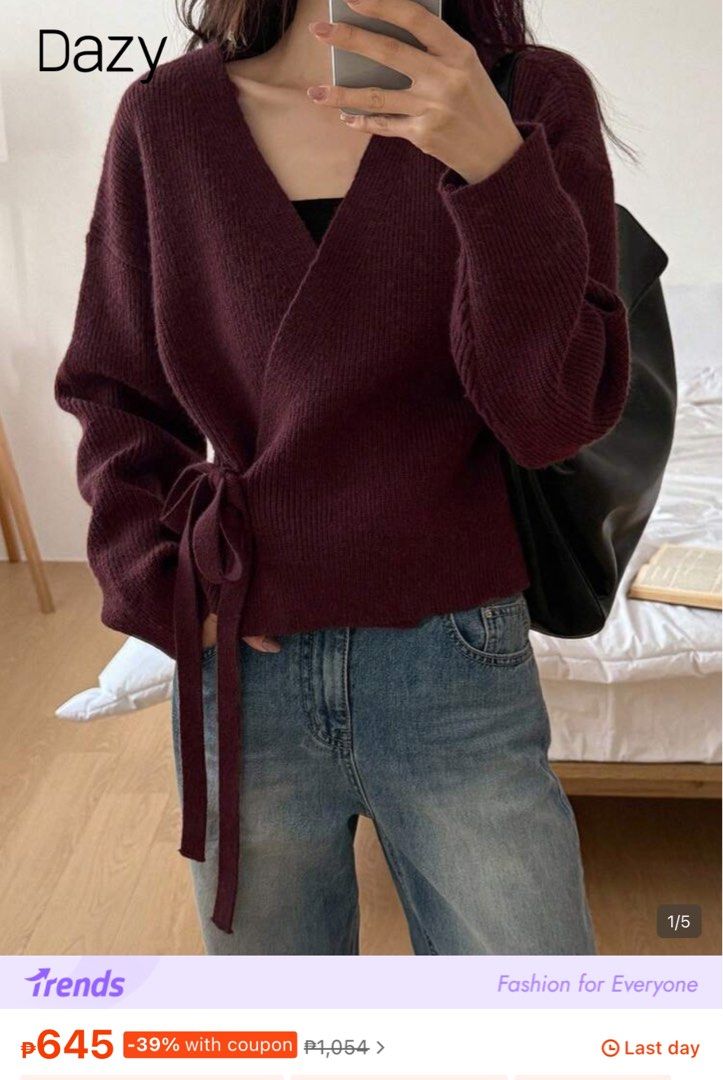 SHEIN Dazy Knitted Maroon Wrap Cardigan (size MEDIUM) (Category: Coats, Jackets and Outerwear) located in Quezon City. Submitted by ella.cstn (Listing ID 1444034694, Image 1). Description: - Shein Cardigan - Size Medium - Very cozy!! - Very sulit price compared to its og! Worn once only!! Mop💵: Gcash only (STRICTLY PAYMENTS FIRST) 📍Loc: Tomas Morato Ave., Q.C 🌸 PM for more details .