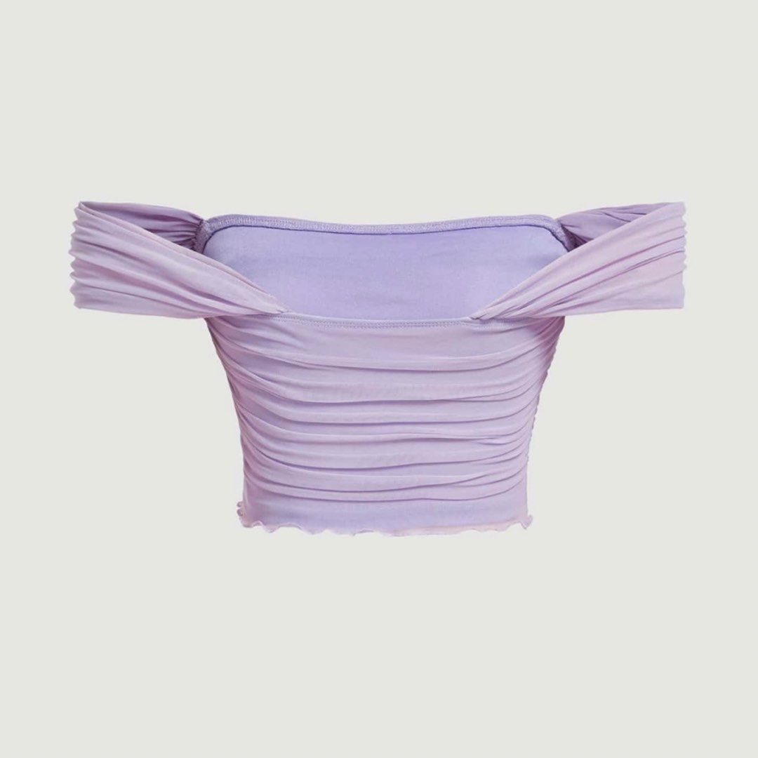 SHEIN Lilac Ruched Off-Shoulder Mesh Top (Category: Blouses) located in Bulacan. Submitted by matchagirly (Listing ID 1445323899, Image 2). Description: - size small - never used (too small on me) but tag has been removed mop: gcash mod: ggx.