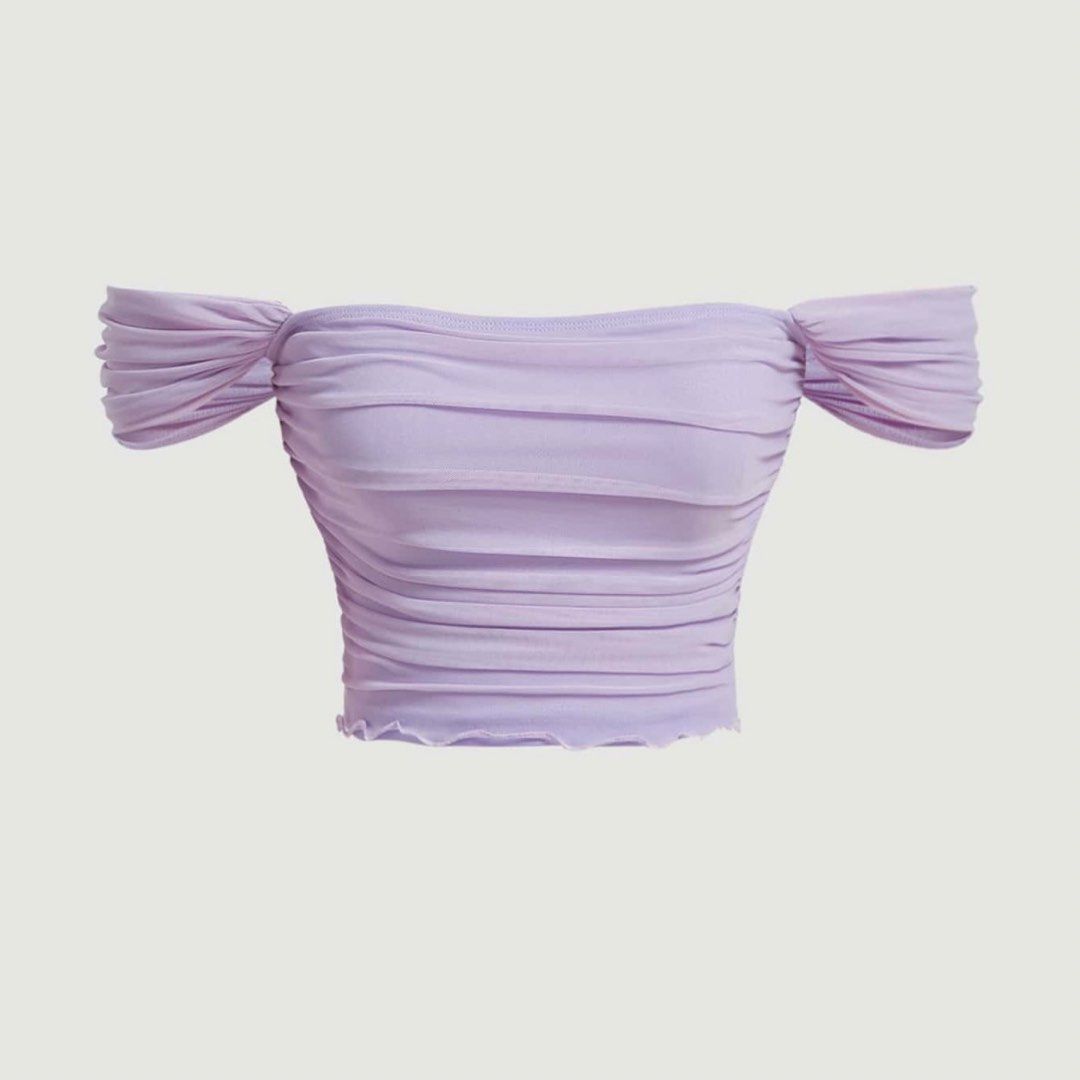 SHEIN Lilac Ruched Off-Shoulder Mesh Top (Category: Blouses) located in Bulacan. Submitted by matchagirly (Listing ID 1445323899, Image 1). Description: - size small - never used (too small on me) but tag has been removed mop: gcash mod: ggx.
