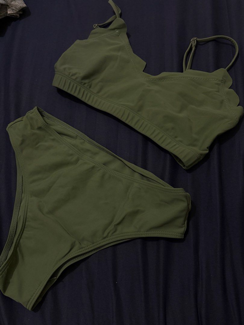 SHEIN Scallop Trim Bikini Set - Olive Green (Category: Bikinis & Swimsuits) located in Orani. Submitted by keyychain (Listing ID 1445344022, Image 1). Description: - SHEIN Olive Green Bikini Set - Size: S - Scallop trim on the top - Adjustable straps for a comfortable fit - High-waisted bottoms for a flattering look - Ideal for beach days and pool parties.
