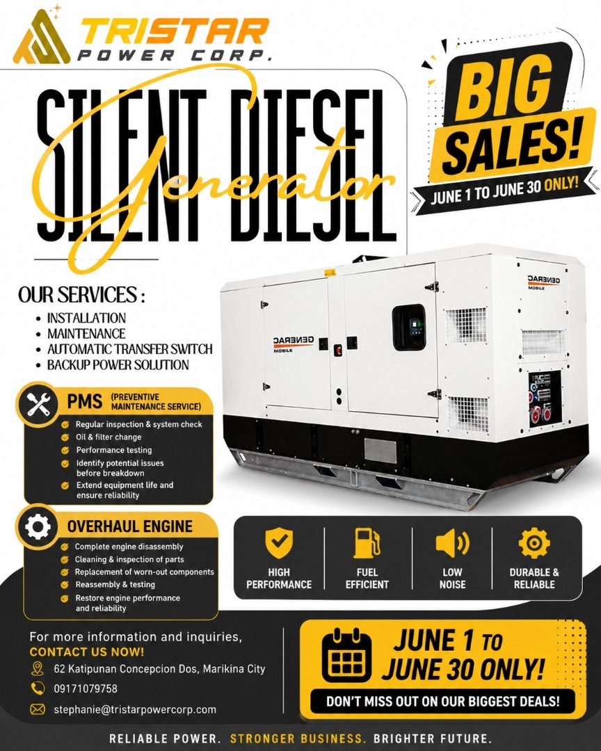 Silent Diesel Generator (Category: Construction Tools & Equipment) located in Marikina City. Submitted by tristar_ (Listing ID 1445305929, Image 1). Description: 🚨 ⚡ 𝗕𝗜𝗚 𝗦𝗔𝗟𝗘 𝗔𝗟𝗘𝗥𝗧 – 𝗝𝗨𝗡𝗘 𝗣𝗥𝗢𝗠𝗢! ⚡ 🚨 New Stocks!!! Direct Supplier - Affordable / Quality - Silent Type - Open Type - 5kva up to 2500kva - ATS - MTS - 1 year warranty / 1000 running hours Prime Power / Standby Power Single phase or three phase OTHER SERVICES Instal