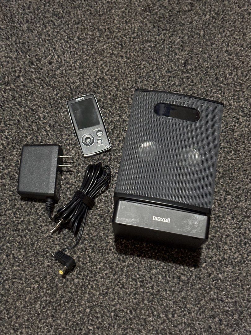 Sony Walkman and Maxell Speaker Set (Category: Soundbars, Speakers & Amplifiers) located in Bulacan. Submitted by thriftstarph (Listing ID 1445287647, Image 1). Description: PLEASE READ THE DESCRIPTION BELOW‼️ 8500 SLIGHTLY NEGOTIABLE Sony Walkman MP3 Player (NW- A808) 100 plus Songs No Box Maxell Walkman (MXSP-2200WM) Speaker Set With Charger No Box Working.