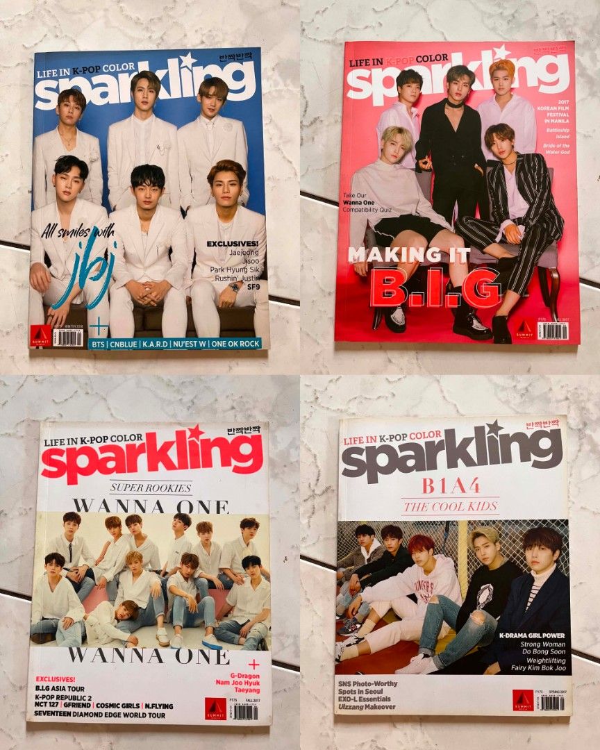 Sparkling K-Pop Magazines Set (Category: Magazines) located in Quezon City. Submitted by dvdstoreph (Listing ID 1445331425, Image 2). Description: - 8.5/10 condition, may mga part ng magazine na iba na color dahil matagal na naka stuck pero still in great condition - sold as set only - price is negotiable - mop: gcash / bank (BDO) - rfs: decluttering & never na nabuklat.