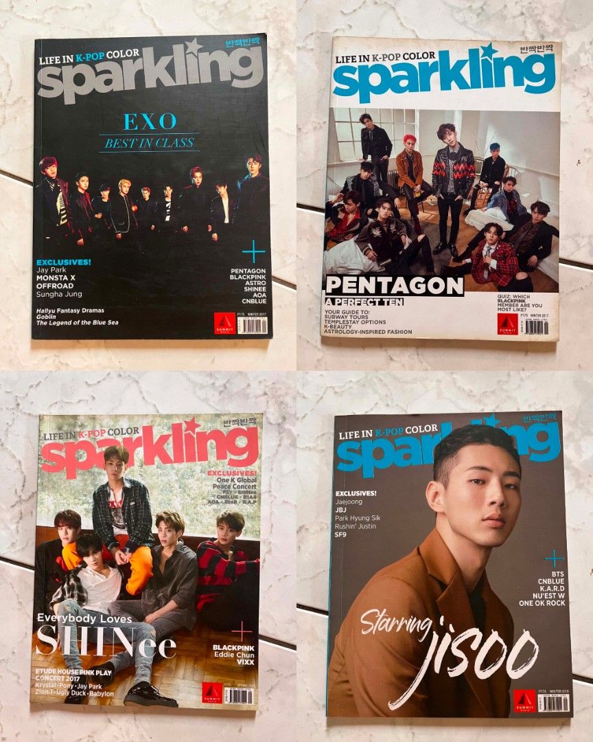 Sparkling K-Pop Magazines Set (Category: Magazines) located in Quezon City. Submitted by dvdstoreph (Listing ID 1445331425, Image 1). Description: - 8.5/10 condition, may mga part ng magazine na iba na color dahil matagal na naka stuck pero still in great condition - sold as set only - price is negotiable - mop: gcash / bank (BDO) - rfs: decluttering & never na nabuklat.