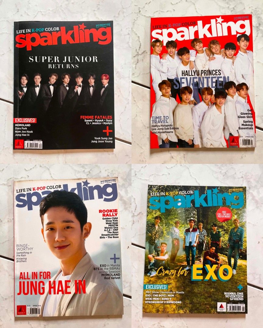 Sparkling K-Pop Magazines Set (Category: Magazines) located in Quezon City. Submitted by dvdstoreph (Listing ID 1445331425, Image 3). Description: - 8.5/10 condition, may mga part ng magazine na iba na color dahil matagal na naka stuck pero still in great condition - sold as set only - price is negotiable - mop: gcash / bank (BDO) - rfs: decluttering & never na nabuklat.