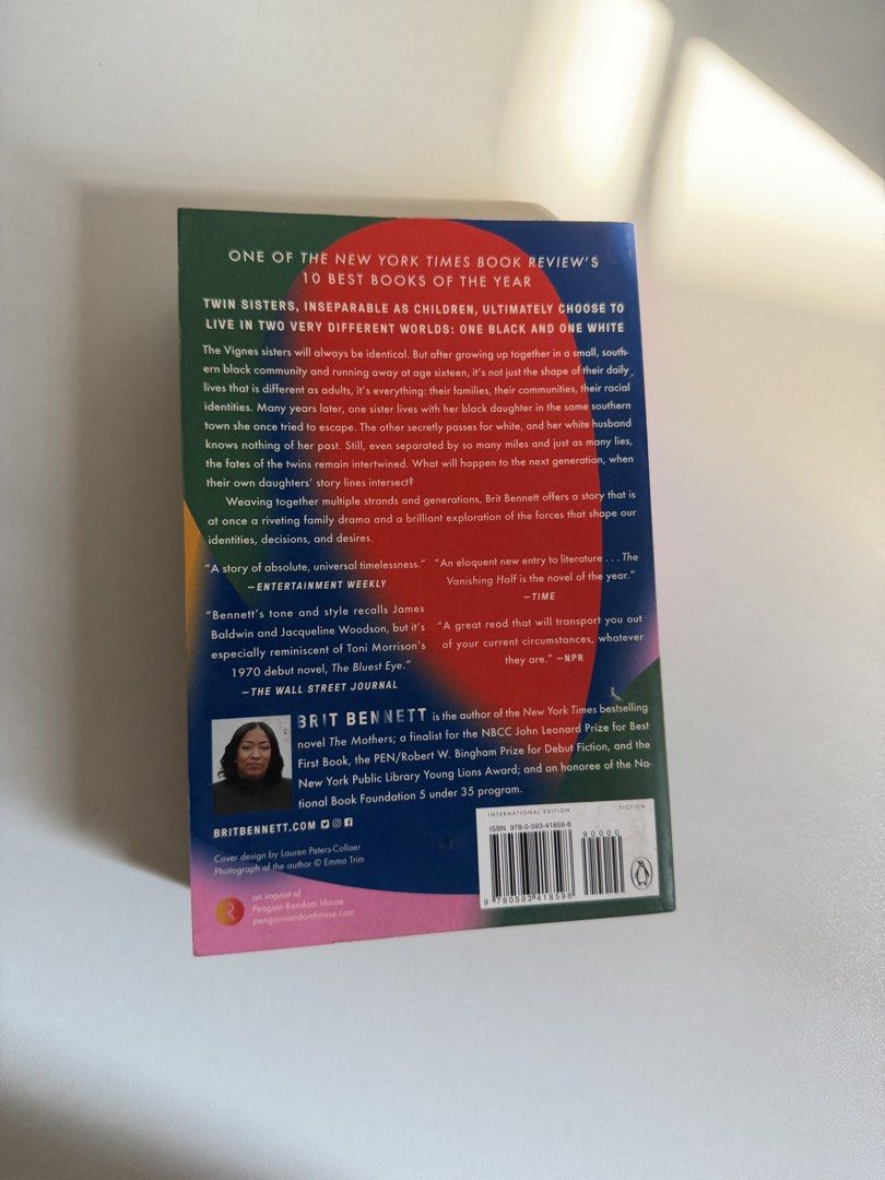 The Vanishing Half by Brit Bennett Novel (Category: Storybooks) located in Manila. Submitted by acropolisph (Listing ID 1445302707, Image 2). Description: - The Vanishing Half by Brit Bennett - #1 New York Times Bestseller - Named one of NYT Book Review's 10 Best Books of the Year - Story of twin sisters choosing to live in separate worlds (one Black, one white) - Explores themes of identity, family, and choices across generations - Riveting fami
