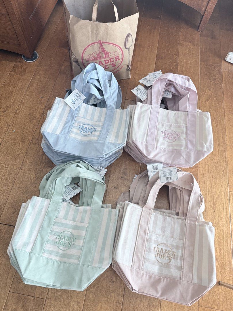 Trader Joe's Striped Mini Canvas Tote Bag (Category: Tote Bags) located in Quezon City. Submitted by joyandjoy (Listing ID 1445240730, Image 1). Description: - Cute mini tote bags from Trader Joe's - Available in pastel blue, pink, and mint green - Features vertical stripes - Includes a small front pocket - Perfect for groceries or everyday essentials.