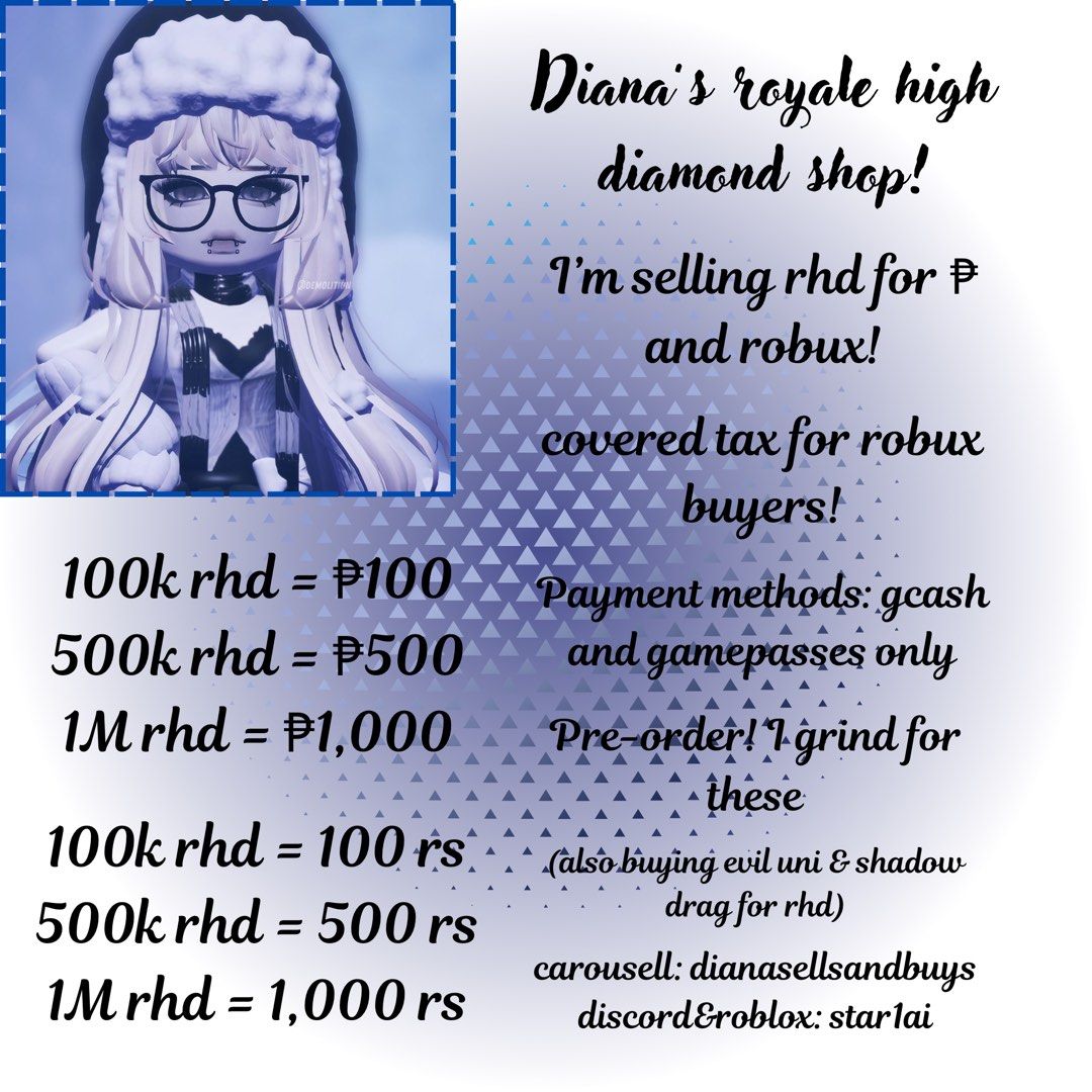 trading royale high diamonds for robux or php! (Category: Others) located in Manila. Submitted by dianathrifts (Listing ID 1445391498, Image 1). Description: ngf unless you have higher ratings than me on carousell! tags: rhd royale high royal dims rh robux rs rbx roblox pesos php philippine peso ₱.