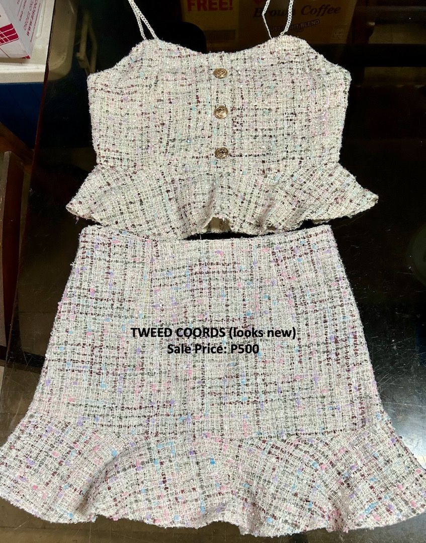 Tweed Coordinate (Category: Sets or Coordinates) located in Caloocan City. Submitted by hermes_evangelista (Listing ID 1445309852, Image 1). Description: Tweed Coordinate string top and Mini skirt perfect for summer Color: Mostly Creme and pink w/ slight shimmer Best Fit: Small to Medium (Med on Tag) Top: 32-34" Bust line / 13" Length / Back Zipper Closure Skirt: 26-27" Waist / 15" Length with short inner lining .