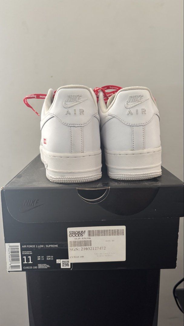 USED Supreme Nike Air Force 1 (Category: Sneakers) located in Muntinlupa City. Submitted by SFP33 (Listing ID 1445260774, Image 3). Description: With original box Lightly used (worn 3x) Size 11 US Mens Comes with white and red laces Negotiable (just offer) Pls message for more pics Shipping c/o buyer MOP: Gcash/Unionbank.