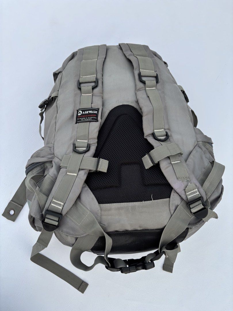 VINTAGE AIRWALK GRAY “OAKLEY VIBES” GORPCORE BACKPACK (Category: Backpacks) located in Baguio. Submitted by bl_thrift (Listing ID 1445363716, Image 3). Description: VINTAGE AIRWALK GRAY “OAKLEY VIBES” GORPCORE BACKPACK -very spacious -with mid AIRWALK icon -with lot of pockets -has cut on the strap -missing chest locks .