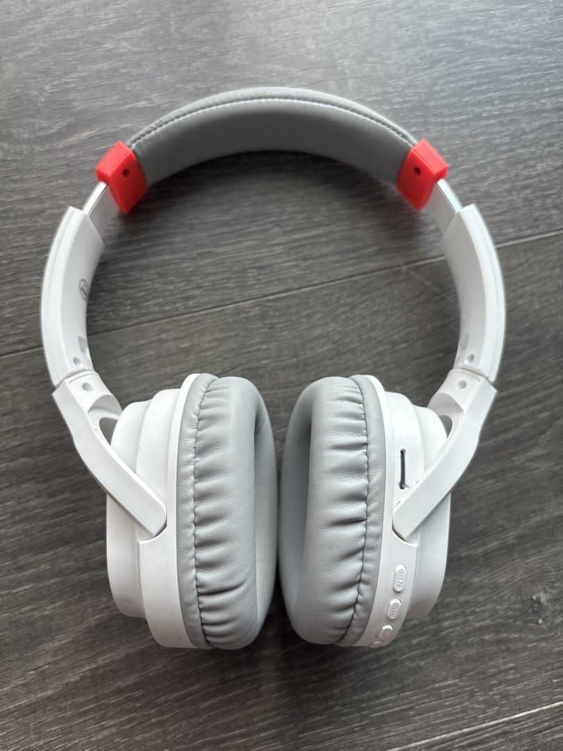 White Wireless Headphones with Grey Earcups and Red Accents