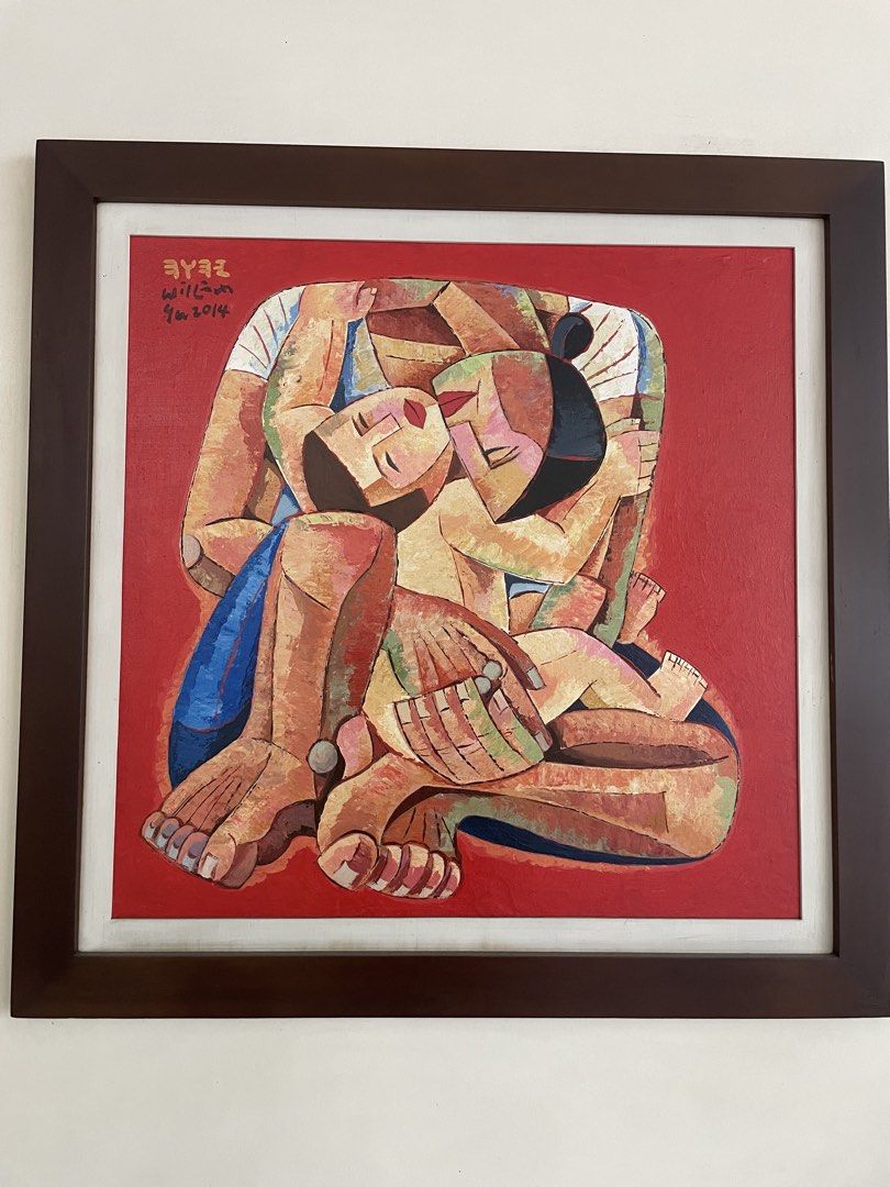 William Yu Artwork (Category: Art & Prints) located in Makati City. Submitted by paulodc (Listing ID 1445304644, Image 2). Description: - Original oil painting by william Yu - Titled Mother and Child dated 2014 - Framed and ready to hang - Features a tender moment between figures - Vibrant red background - Approximate dimensions: 40x40 inches Asking 250k.