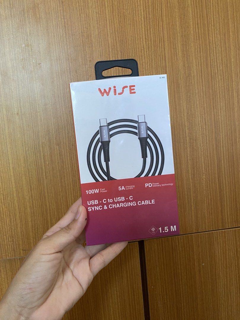 WISE USB C-C Nylon Cable 100W 1.5M (Category: Chargers & Cables) located in Taguig. Submitted by lrnlcd (Listing ID 1445387323, Image 1). Description: WISE USB C-C Nylon Cable 100W 1.5M Bought for 329 THB (approximately ₱550+) Selling for only ₱385 📍Upper Antipolo￼.