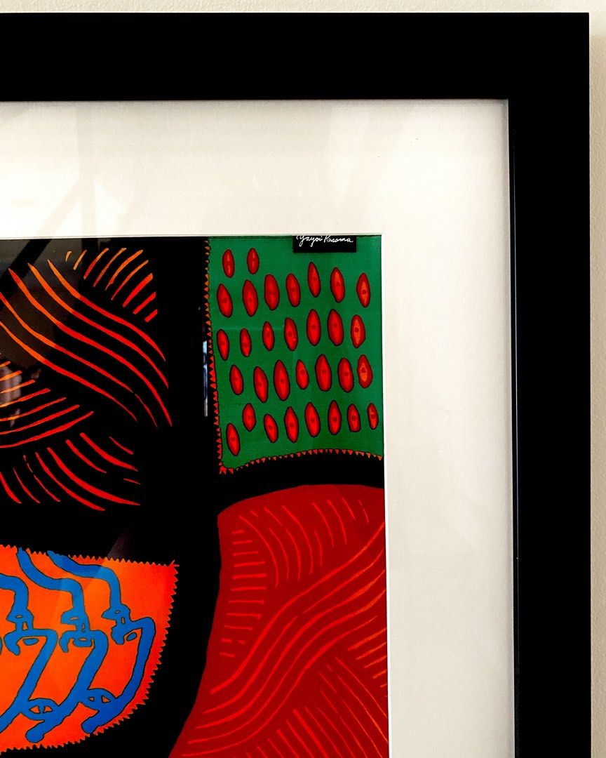 Yayoi Kusama Framed Textile (Category: Art & Prints) located in Antipolo. Submitted by summerishot (Listing ID 1445255467, Image 2). Description: Yayoi Kusama’s Alone, Buried in a Flower Garden, 2014 Print on textile (fine lawn cotton) Size: 15.75 × 15.75 in With black wood frame, matting, and glass Size: 27 × 27 in Price: 15,000 + delivery fee Currently on hand .