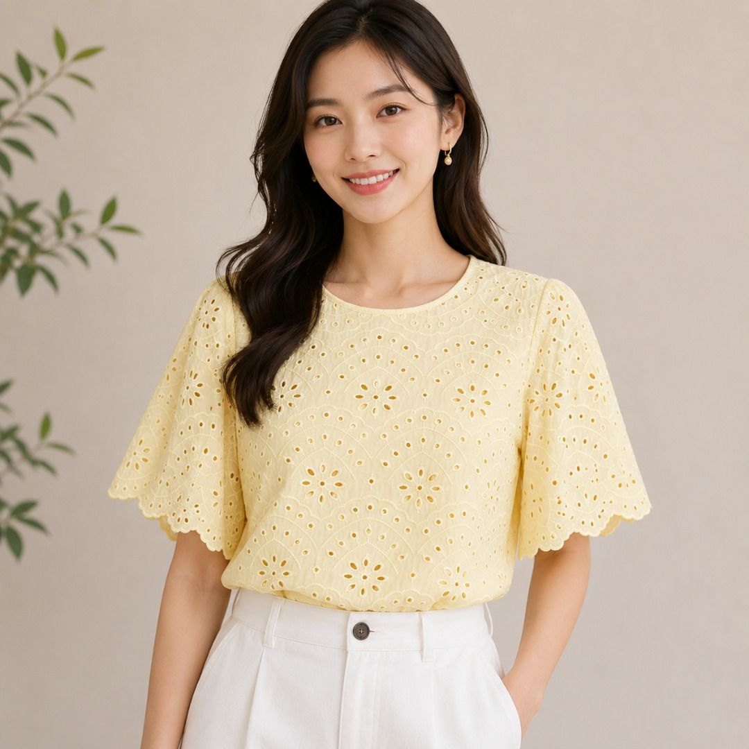 Yellow Eyelet Top With Scallop Trim (Category: Blouses) located in Quezon City. Submitted by qratedmnl (Listing ID 1445416642, Image 1). Description: 📌 ITEM DESCRIPTION Yellow eyelet blouse with scallop trim . Unlined. Keyhole back closure. Medium on tag. Approximate measurements when laid flat: Shoulder: 15 inches Bust: 17 inches Length: 24 inches Sleeve: 12 inches Condition: Very Good 📌 ITEM CONDITION GUIDE BNWT - Brand new with tags BNWOT - 
